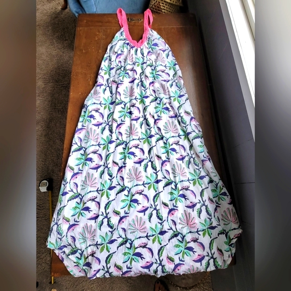 Anthro Roberta Roller Rabbit Floral Maxi Dress Crochet Strap sz M 100% Cotton